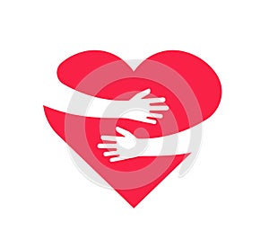 Hugging heart. Hands holding heart arm embrace love yourself child hope cardiology gift romance relationship vector