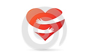 Hugging heart isolated on a white background. Heart with hands. Red color. Love symbol. Hug yourself. Love yourself. Valentine`s