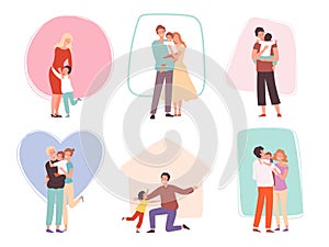 Hugging kids. Parents embrace their children. Happy family characters comforted talking mother father and baby vector photo