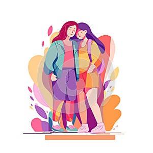 LGBT young women couple in bright rainbow background. Happy lesbian girls hugs together. Bisexual family design. Cartoon photo