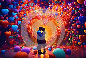 Hugging man and woman stand against background of big colorful heart consisting of small light air glowing hearts