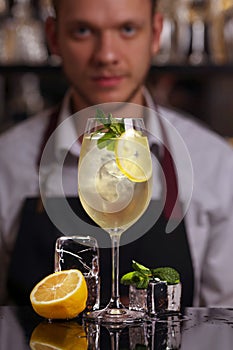 Hugo cocktail drink with ice cubes, mint and lemon