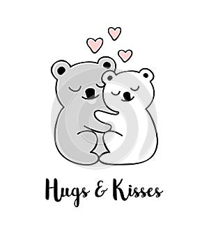 Hugs and kisses. Hand drawn greeting card with Valentines day quote