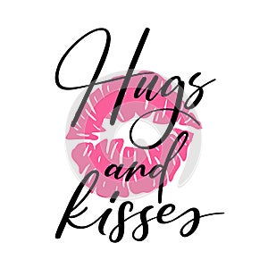 Hugs and kisses lettering quote mark kiss silhouette isolated on white background. Stamp makeup printfrom mouth. Vector