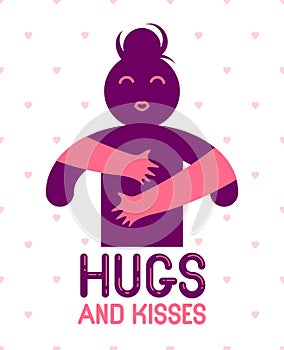 Hugs and kisses with loving hands of beloved person and kissing lips, lover woman hugging her mate and shares love, vector icon
