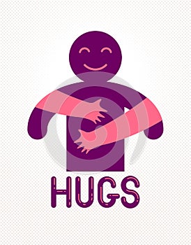Hugs with loving hands of beloved person, lover woman hugging his man and shares love, vector icon logo or illustration in