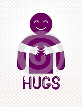 Hugs with loving hands of loved person, lover woman hugging his man and shares love, vector icon logo or illustration in