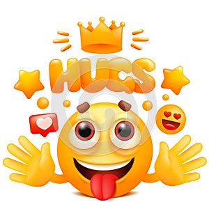 Hugs web sticker with yellow emoji cartoon character. Emoticon smile face