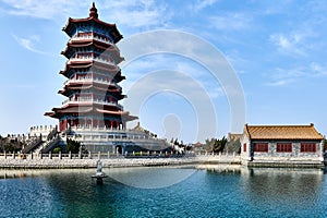 Huixian Tower in the center of the lake