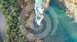 Huka Falls, New Zealand. Aerial view from drone