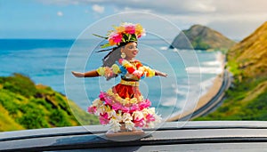 Hula dancer doll on Hawaii car road trip. Doll dancing on the dashboard in front of the ocean