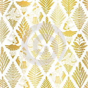 Hula dancers Hawaii seamless vector pattern faux metallic gold foil on white. Hula girls and dancing men repeating elegant golden