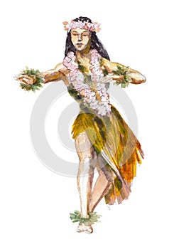 Hula Hawaii dancer girl, watercolor illustration isolated on white.