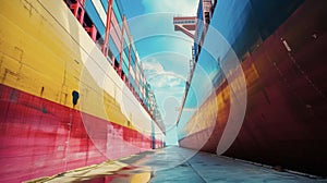 The hull of a container ship is painted with specialized coatings designed to reduce drag and improve fuel efficiency