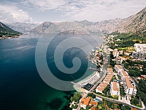 Huma Kotor Bay Hotel and Villas on the seashore. Dobrota, Montenegro. Drone photo