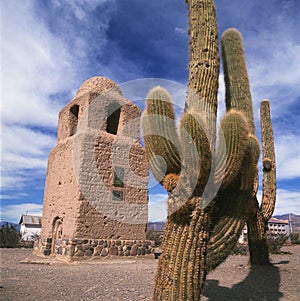 humahuca jujuy argentina mud architecture church bell tower and cactus