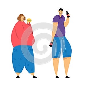 Human Addiction, Overweight Woman with Big Belly Eating Burger, Man Drinking Beer, Obesity, Alcoholism Health Problems