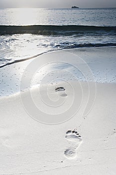 Human adult footprint in the sand at the beach