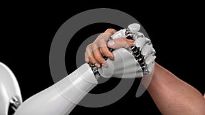 Human Against Robot, Arm Wrestling Competition, Human Win. Beautiful 3d animation on a Black Background with a Depth of