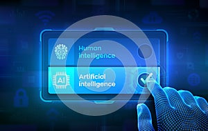 Human or AI choice concept. Human mind vs Artificial Intelligence digital mind. Hand on virtual touch screen ticking the check