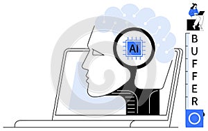 Human-AI Integration with Technology Brainchip on Laptop Screen and Creative Work Concept