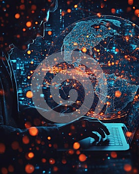 Human analyzing and interacting with a digital globe showing interconnected network of world map in a dark futuristic setting