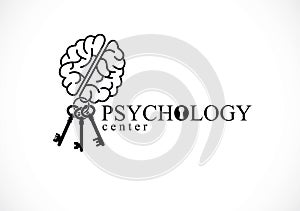 Human anatomical brain with keys as a keychain, mental health psychology conceptual logo or icon, psychoanalysis and psychotherapy