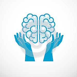 Human anatomical brain with tender defending hands of care. Vector illustration, logo or icon. Care for mental health, careful