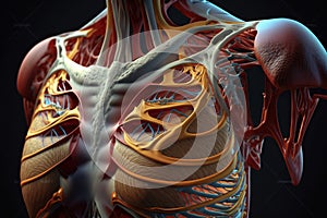 Human anatomy detail of shoulder. Muscle, bone structure, arteries. Generative Ai