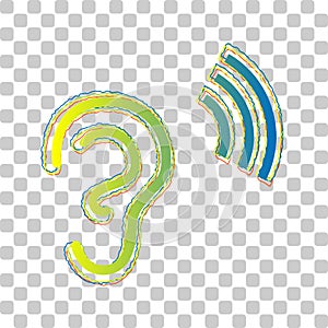 Human anatomy. Ear sign with soundwave. Blue to green gradient Icon with Four Roughen Contours on stylish transparent Background.