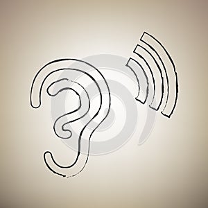 Human anatomy. Ear sign with soundwave. Vector. Brush drawed black icon at light brown background. Illustration.