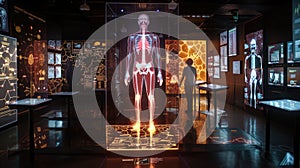 Human anatomy interactive display set in classroom, lit by ambient light with dynamic annotations. Big data photo