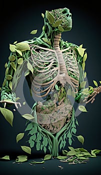 A human anatomy model, chewed up leafy green shreds visibly. Generative AI