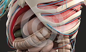 Human anatomy showing close-up of abdomen and digestive system.