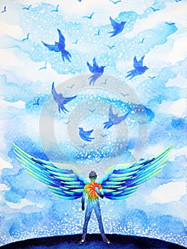 Human angel wing mind heaven power watercolor painting illustration