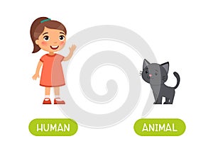 Human and animal antonyms word card vector template. Opposites concept.