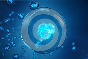 Human or animal cells on blue background. Concept Early stage embryo Medicine scientific concept, Stem cell research and