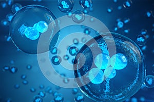 Human or animal cells on blue background. Concept Early stage embryo Medicine scientific concept, Stem cell research and