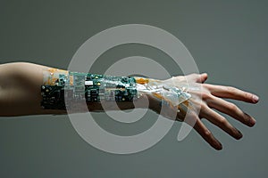 Human arm with cybernetic implants showcasing nanotechnology integration with computer board in the body