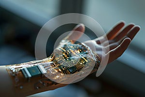 Human arm with cybernetic implants showcasing nanotechnology integration with computer board in the body