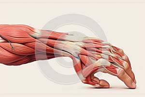 Human arm and hand showing muscles and tendons. Isolated on white background.