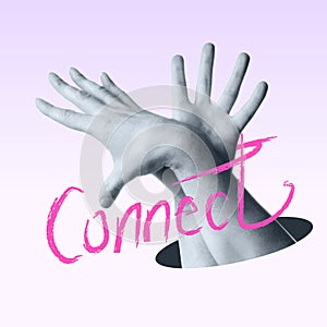 Human arms with the written word Connect. Emotional intertwining of human hands and fingers, gestures