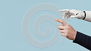 Human and artificial intelligence interaction concept with human hand touching robot hand, technology collaboration, future