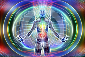 Human aura, spiritual energy, meditation concept. Neural network AI generated