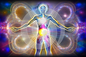 Human aura, spiritual energy, meditation concept. Neural network AI generated