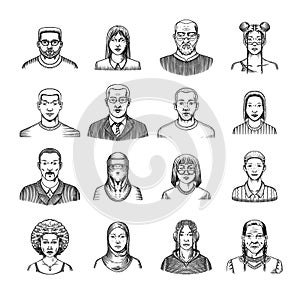 Human Avatars Collection. Diverse faces of people. Characters set. Happy emotions. Portrait for social media, website