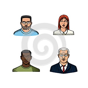 Human Avatars Collection. Faces of people. Characters set. Happy emotions. Portrait for social media, website. Men and