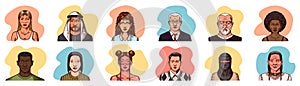 Human Avatars Collection. Faces of people. Characters set. Happy emotions. Portrait for social media, website. Men and