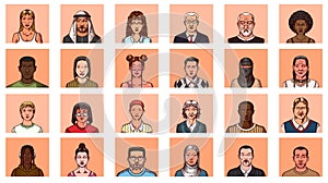 Human Avatars Collection. Faces of people. Characters set. Happy emotions. Portrait for social media, website. Men and