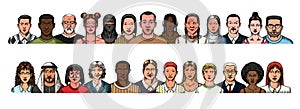Human Avatars Collection. Faces of people. Characters set. Happy emotions. Portrait for social media, website. Men and
